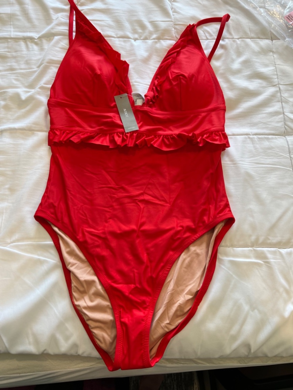 J.Crew Re-Imagined Eco Solid Juliett One-Piece Swimsuit Red Ruffle V-Neck Size 1